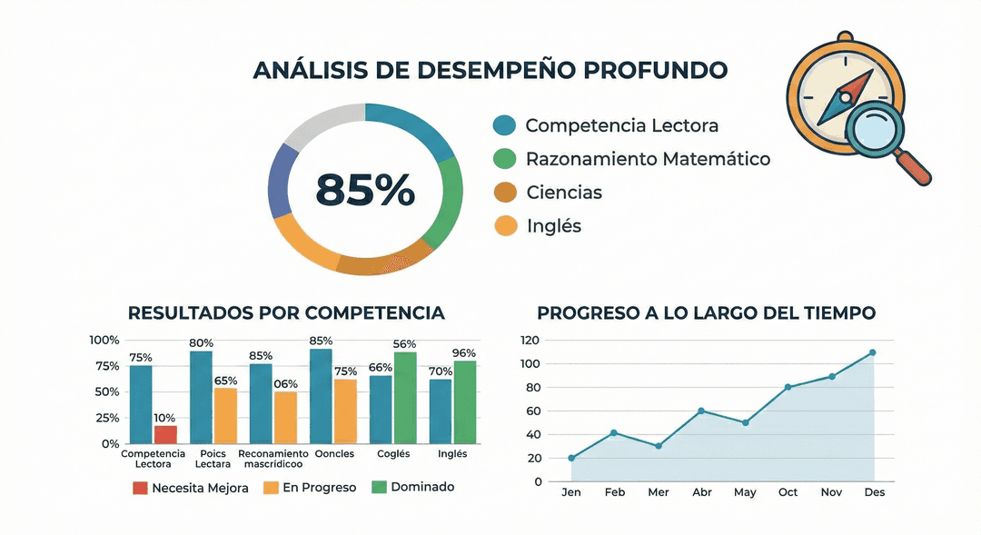 Gráficos de progreso y análisis de desempeño en la plataforma.